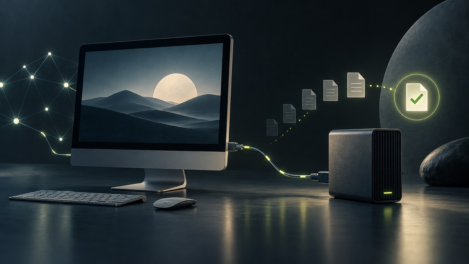 An older desktop Mac connected by Ethernet to a dedicated backup drive.